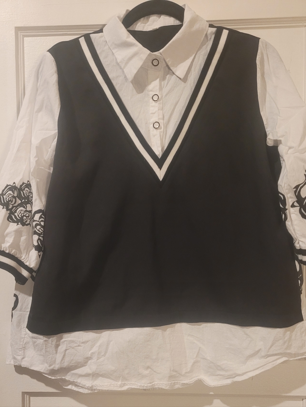 Black & White Layered V-Neck Shirt with Floral Sleeve Detail